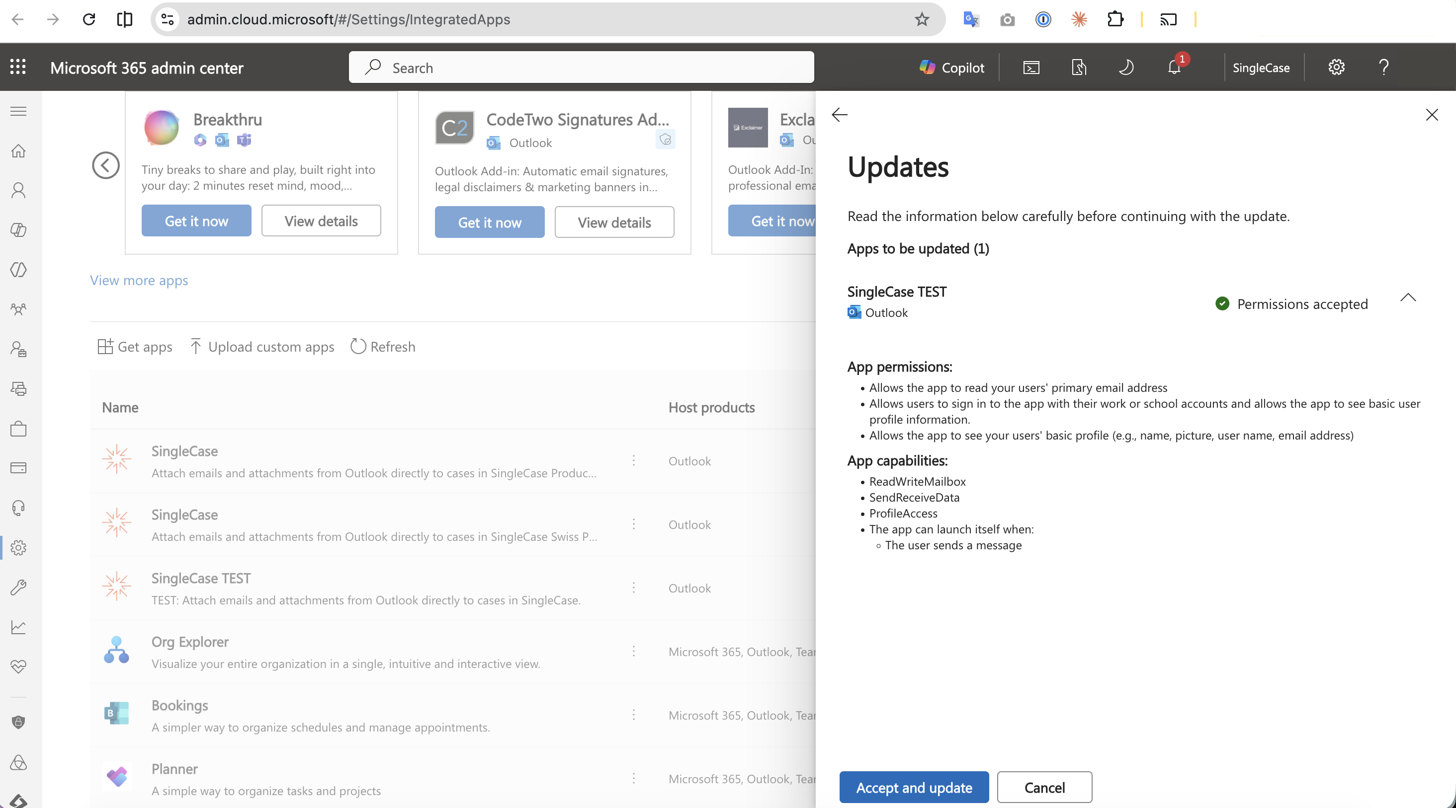 Updates review screen listing app permissions and capabilities with the Accept and update button